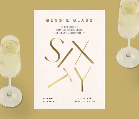 An invitation reads 'SIXTY' in tilted gold letters.