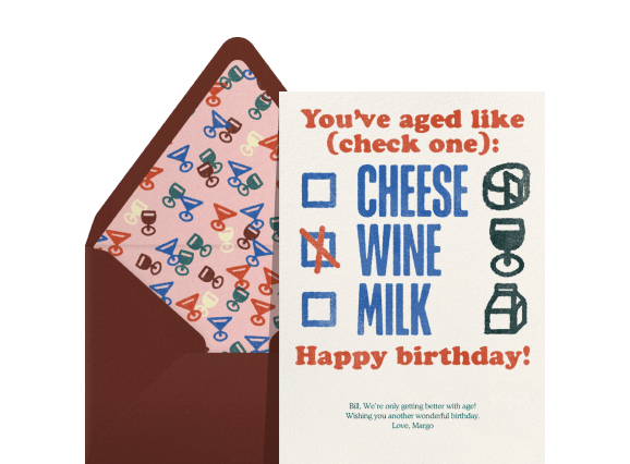 A maroon envelope with wine glass lining; a card reads 'cheese wine milk' with illustrations of each.