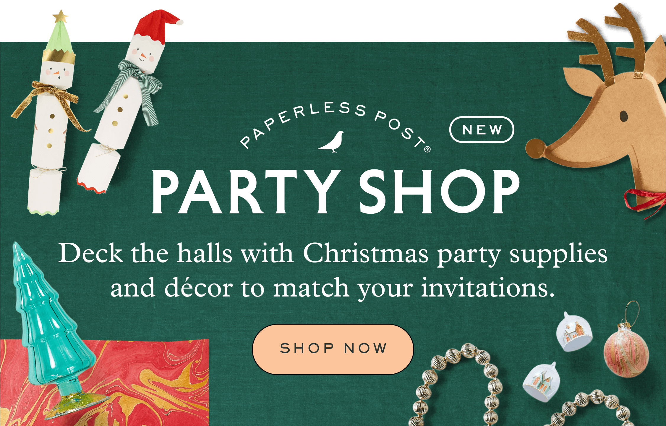 A decorative reindeer; a Christmas-themed cocktail napkin; a silver string of baubles; decorative snowmen; a pink and red striped plate; a decorative tree. Deck the halls with Christmas party supplies and décor to match your invitations. Shop Now on Party Shop.