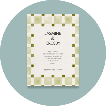 Modern wedding invitation with a green checked border.