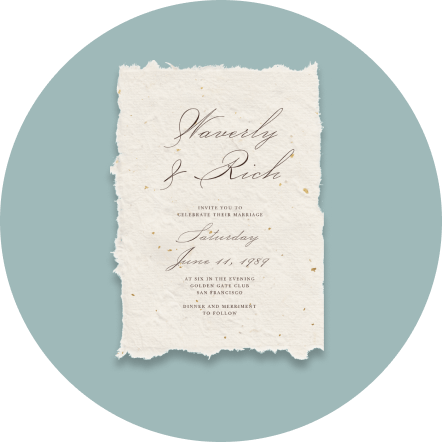 A raw-edge paper-like wedding invitation with scripted typography reminiscent of handwritten calligraphy.