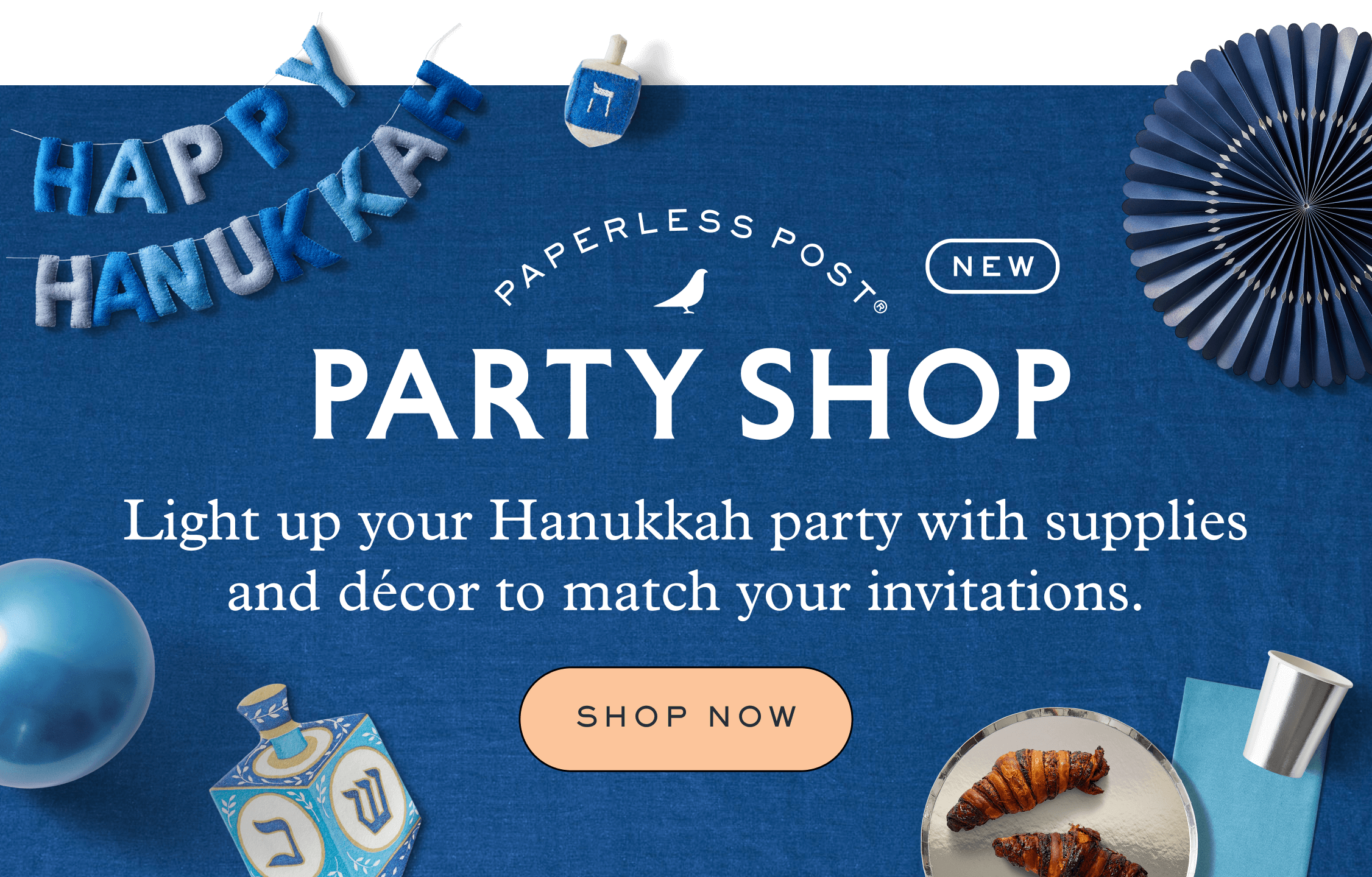 A blue banner with Hanukkah decorations reads "Paperless Post Party Shop - Light up your Hanukkah party with supplies and décor to match your invitations. Shop now."