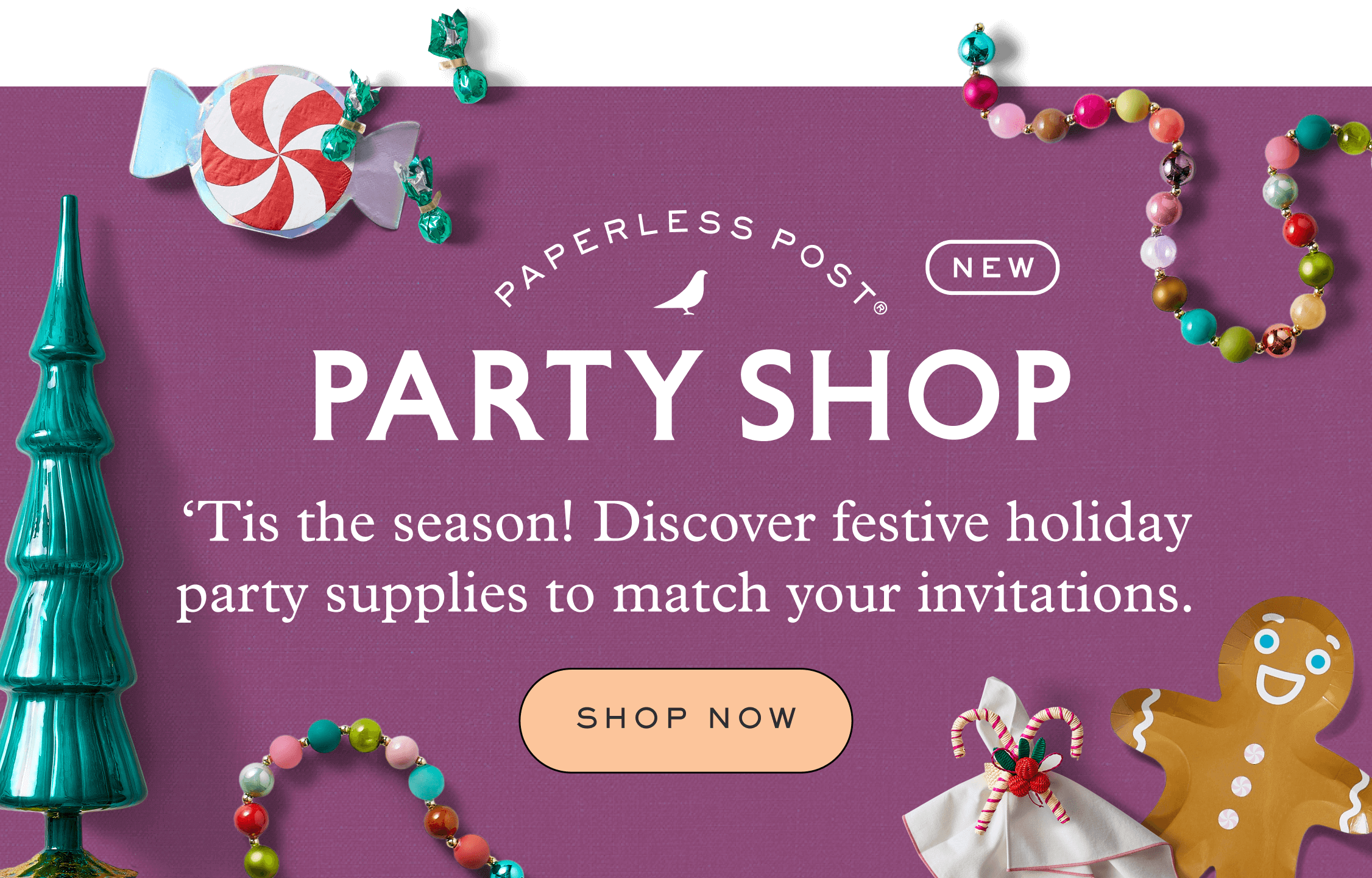 Colorful decorative trees; candy-themed decor; a green striped gingerbread man plate; a colorful string of baubles; a napkin tied with candy canes; a decorative gingerbread man. 'Tis the season! Discover festive holiday party supplies to match your invitations. Shop Now on Party Shop."